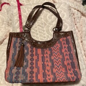 Catchfly Tote Bag Aztec Woven Tapestry Faux Leather Trim Shoulder Bag stud Purse